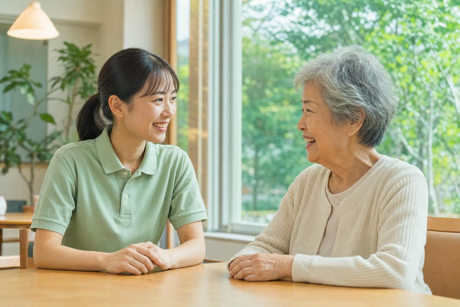 介護施設で入居者と職員が向かい合って話している様子